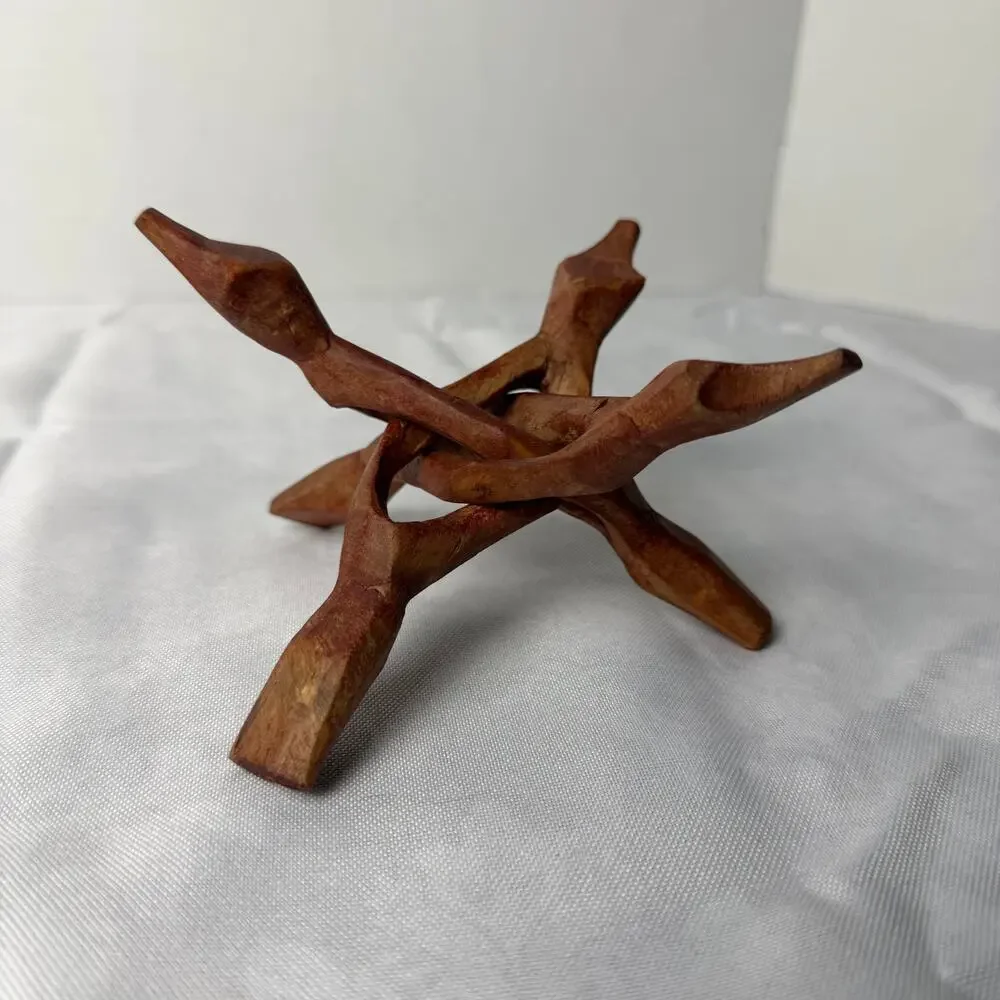Hand Carved Interlocking Wood Folding Display Stand Small Tripod Puzzle Stand